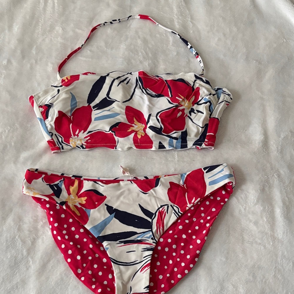 Reversible Floral & Polka Dot Bikini Set - Red/White